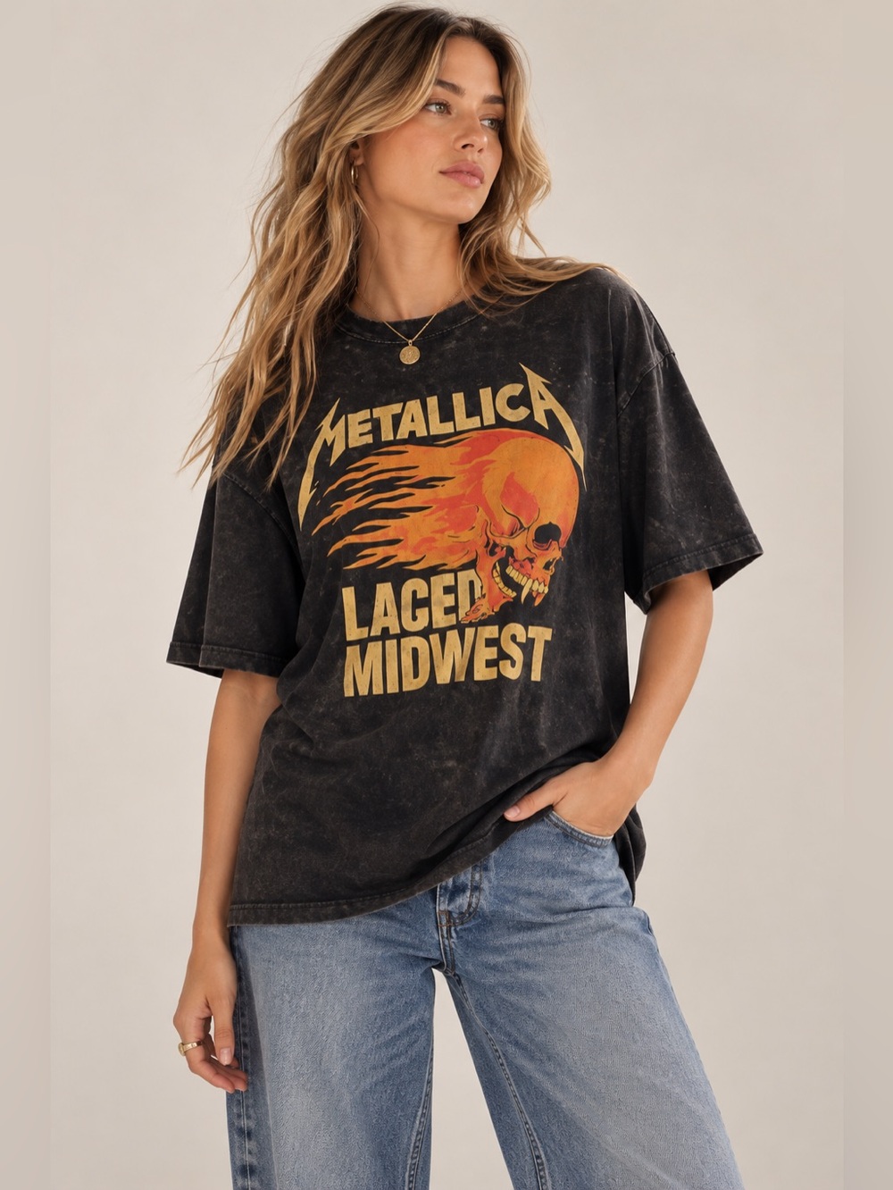 Metallica Lager Midwest Heavyweight Distressed Graphic T Shirt Black L NWOT